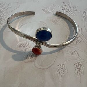 Sterling Silver Lapis & Coral Bracelet Signed